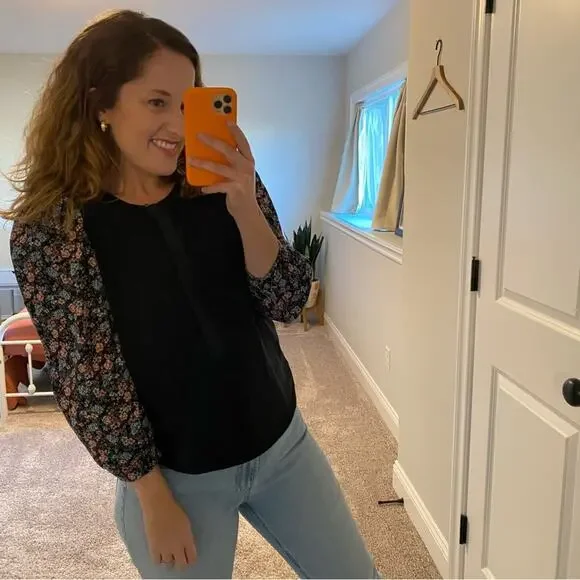 Rebecca Taylor La Vie Black Floral Long Sleeve Blouse Small